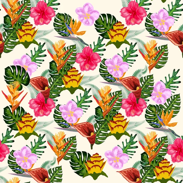 Motif Tropical Sans Couture Avec Palmier Feuilles Monstère Nombreuses Fleurs — Image vectorielle