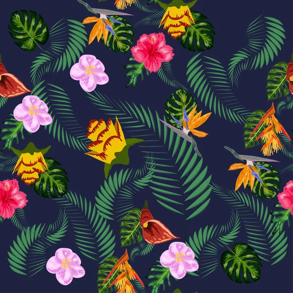 モンスターの葉とハイビスカス ステルリッツ 熱帯の多くの花とシームレスな熱帯パターン — ストックベクタ