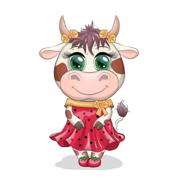 Lovely Cow Girl Beautiful Eyes Red Dress Black Peas Ladybug — Stock Vector