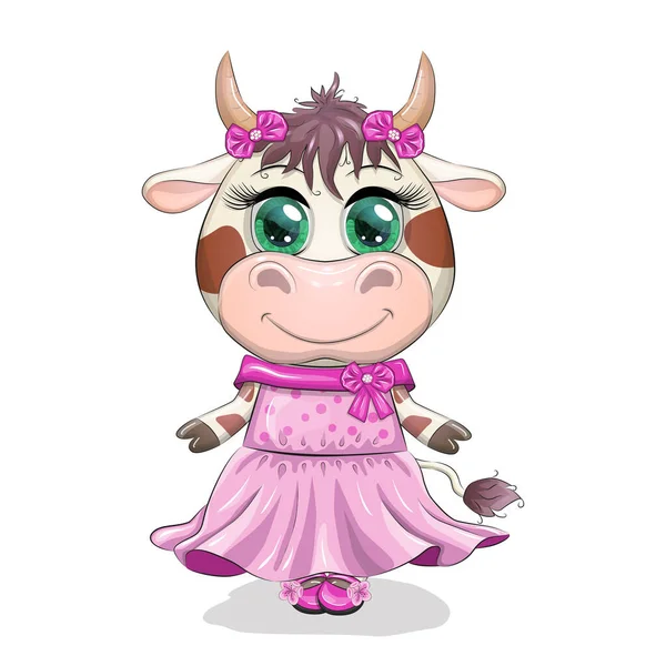 Roztomilé Kreslené Krávy Dívka Krásnýma Očima Růžových Šatech Vtipná Kravská — Stockový vektor