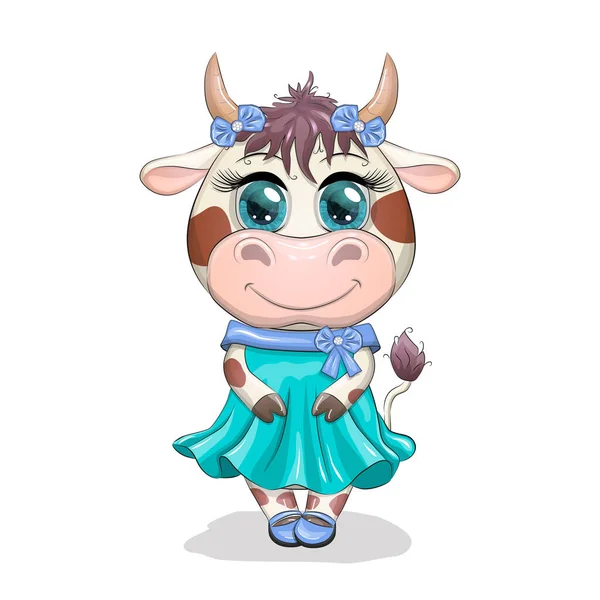 Cute Cartoon Cow Girl Beautiful Eyes Turquoise Dress Funny Cow — Stock Vector