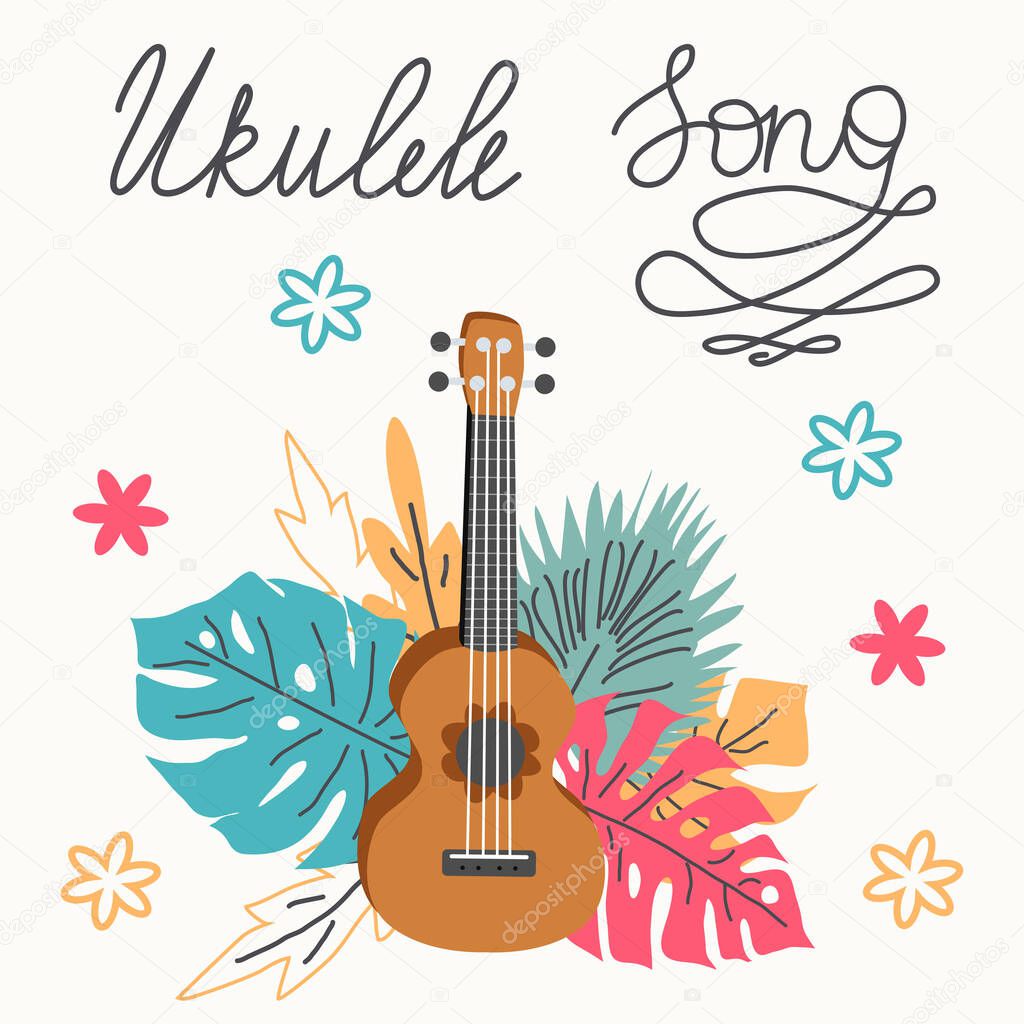 Ukulele and tropical leafs. four-string guitar hand drawn illustration. Ukulele song lettering.