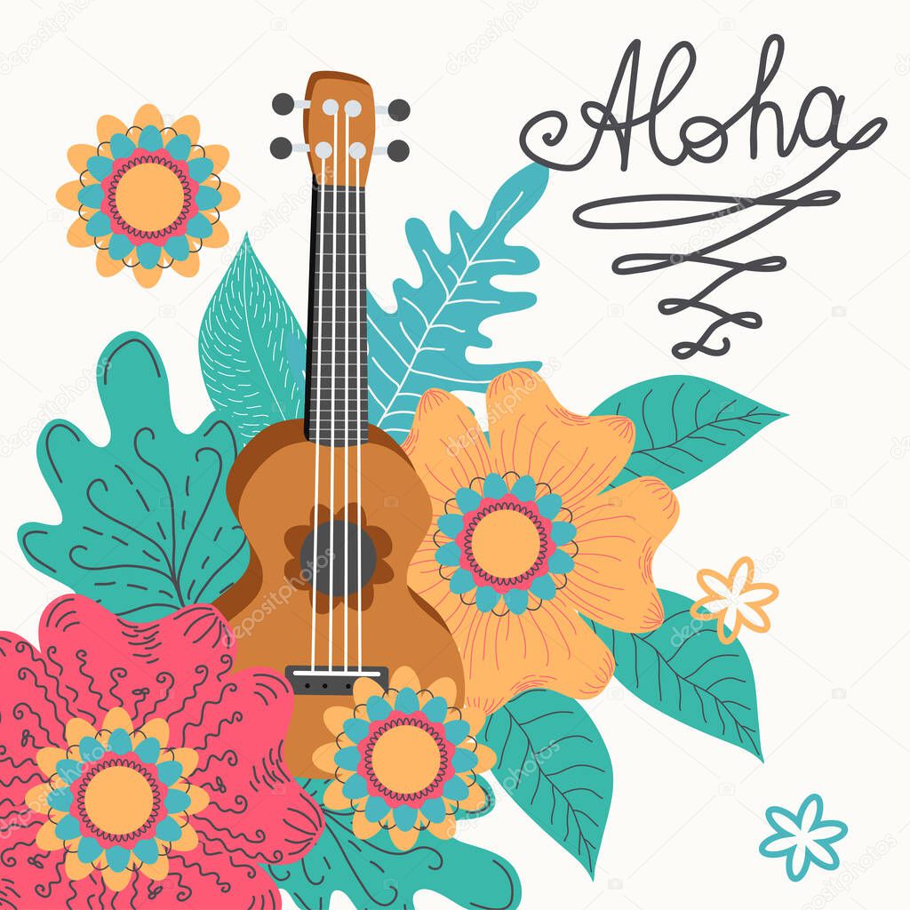 Ukulele and tropical leafs. four-string guitar hand drawn illustration. Aloha surfing lettering.