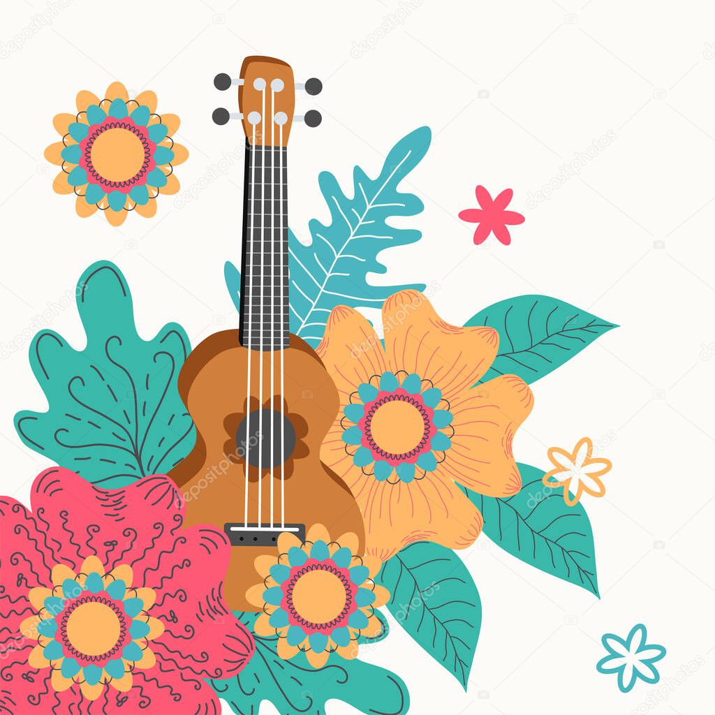 Ukulele and tropical leafs. four-string guitar hand drawn illustration