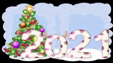 Boğa ya da inek 2021 'in Çin Yeni Yılı kutlu olsun. Bir inek ve bir boğa buzda kayıyor Noel ağacı ile, kış, kar taneleri düşüyor