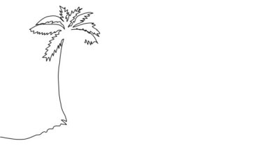 Güzel yelkenli yatının çizim çizgisi çizimi. Palmiye ağaçlarıyla tropikal sahil kenarında yelken açıyor.