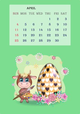 Takvim 2021. Nisan ayı için şirin boğa ve inek