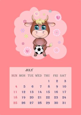 Takvim 2021. Temmuz için şirin boğa ve inek