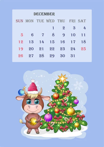 Kalendarz 2021 Cute Byk Krowa Miesiąc Grudzień — Wektor stockowy
