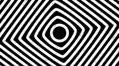Hipnotize edici dönen soyutlama. Psikedelik büküm çemberleri. Yuvarlak çizgili siyah beyaz çizgiler. Optik sanat efekti, optik illüzyon. Kusursuz döngü canlandırması.