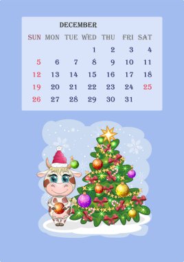 Takvim 2021. Her ay için şirin bir inek. Takvim 2021. Aralık ayı için şirin boğa ve inek.