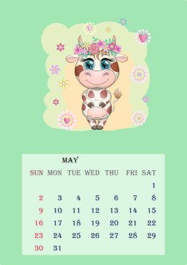 Takvim 2021. Mayıs ayı için her ay tatlı bir inek.