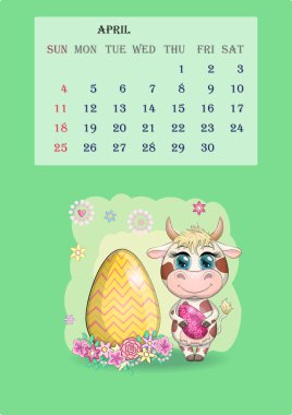 Takvim 2021. Nisan ayı için her ay tatlı inek