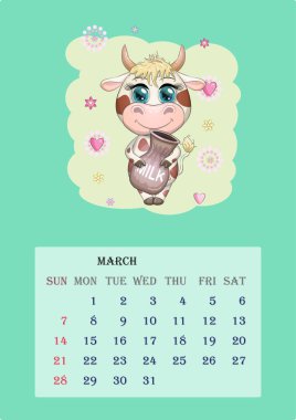 Takvim 2021. Mart ayı için her ay tatlı bir inek.