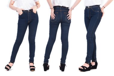 Alt vücut güzellik kadın moda kot pantolon ve ayakkabı ile kapatın. Modaya uygun ve yeni moda kavramı. İzole beyaz arka plan. Stüdyo portre.