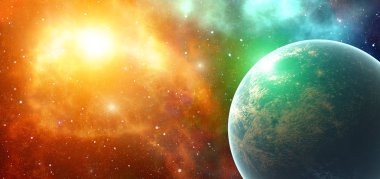 Fantezi Galaktik gezegenler sistemi evrenin uzayda. Gelecekte bilim ve doğa kavramı. Galaxy ve Alien tema. Sera etkisi. Nasa tarafından döşenmiş bu görüntü unsurları. 3B çizim oluşturma