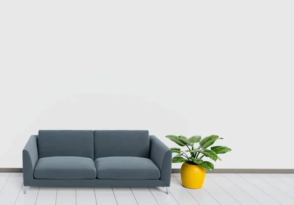 白と木製の光沢のある床と植物ポットと黒いソファ付きのリビング ルームのモダンなインテリア 家庭や生活のコンセプト ライフ スタイルのテーマ イラスト描画 — ストック写真