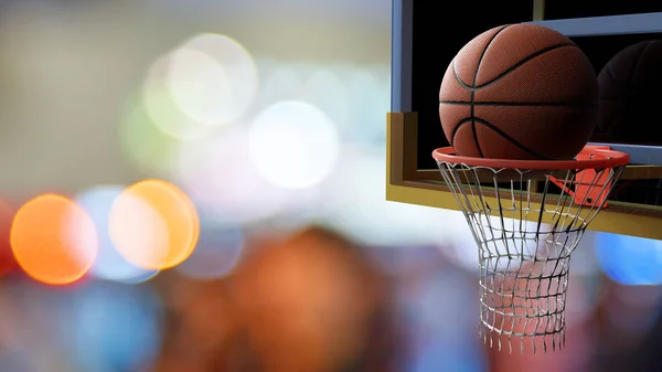 Basketball going into hoop on beautiful bokeh of colorful stadium light background. Sport and Competitive game concept. 3D illustration.