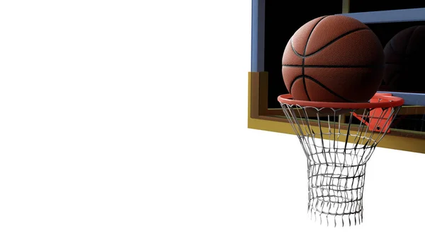 Basketball going into hoop on white isolated background. Sport and Competitive game concept. 3D illustration.