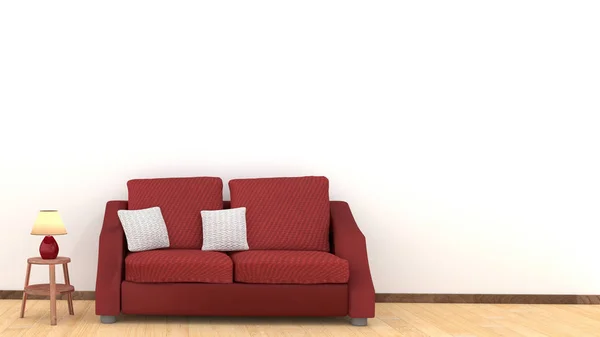 木の床に赤のソファ付きのリビング ルームのモダンなインテリア 白いクッション 木製のテーブル要素のランプ 家庭や生活のコンセプト ライフ スタイルのテーマ イラスト描画 — ストック写真