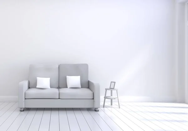 床と写真に光沢のある白と木製のフレームとグレーのソファー付きのリビング ルームのモダンなインテリア 白はクッションの要素です 家庭や生活のコンセプト ライフ スタイルのテーマ イラスト描画 — ストック写真