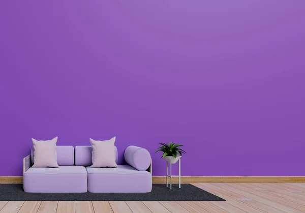 Modern interior design of purple living room with sofa and plant pot on brown glossy wooden floor. Grey mat element. Home and Living concept. Lifestyle theme. 3D illustration rendering.