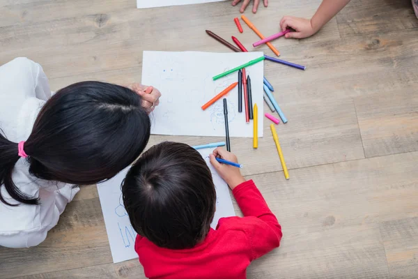 Grupo Estudante Pré Escolar Professor Desenho Papel Aula Arte Volta — Fotografia de Stock