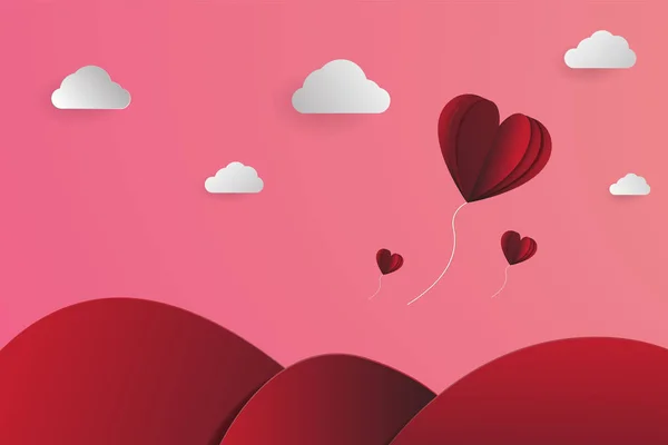 Heart Shape Balloons Papercut Sky Landscape Papercut Vector Valentines Day — Stock Vector