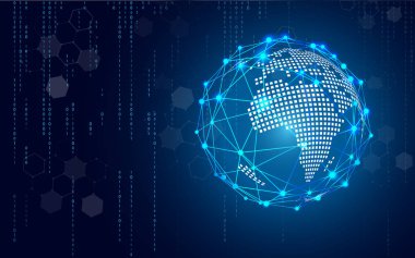 Blue teknoloji daire ve bilgisayar bilim arka plan mavi ve ikili kod matris ile. İş ve bağlantı. Fütüristik ve sanayi 4.0 kavramı. Internet cyber ve ağ Tema.