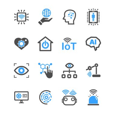 Internet şeyler ve yapay zeka simgeler. Robot ve Endüstriyel teknoloji kavramı. Kontur grafik simge ve özetliyor. İşaret ve sembol tema. Vektör çizim grafik tasarım koleksiyonu kümesi