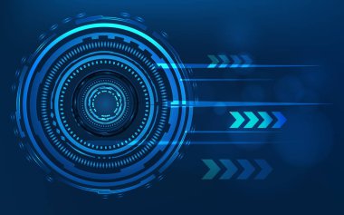 Blue teknoloji daire ve bilgisayar arka plan mavi ve ikili kod matris ile. İş ve bağlantı. Fütüristik ve sanayi 4.0 kavramı. Internet cyber ve ağ tema. HUD arabirimi