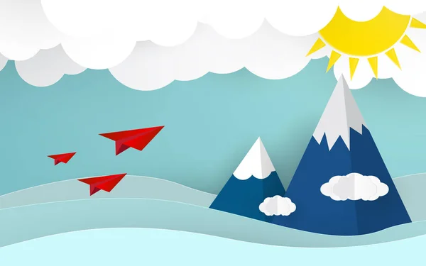 Origami Vliegtuig Blauwe Hemel Met Wolken Zon Zomer Natuur Concept — Stockvector
