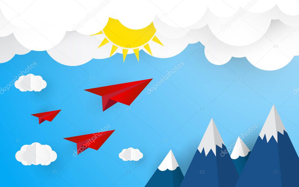 Origami plane on blue sky with cloud and sun. Summer and Nature concept. Business and Success concept.  Paper art and Digital craft style Theme