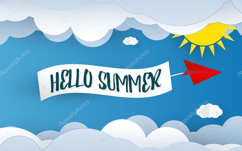 Hello summer paper art background. Blue sky and cloud element. Holiday and Vacation concept. Paper cut and Wallpaper theme. Vector illustration graphic design template