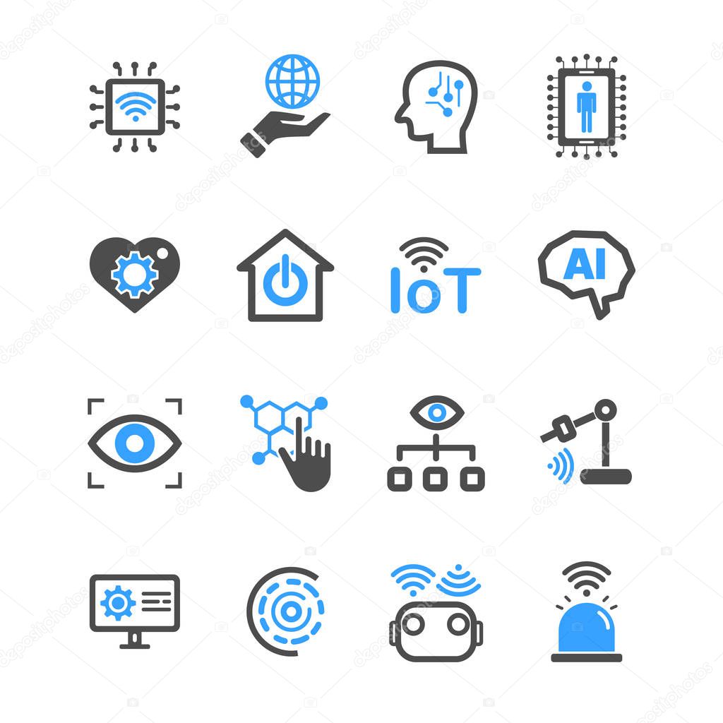 Internet of things and Artificial intelligence icons. Robot and  Industrial technology concept. Glyph and outlines stroke. Sign and Symbol theme. Vector illustration graphic design collection set