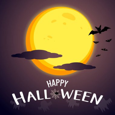 Mutlu Cadılar Bayramı mesajı grafik tasarım arka plan süper moon ile ve bulutlu. Korku ve perili kavramı. Korkunç Cadılar Bayramı gün sahne. Silhoulette yarasalar ve hayaletler gölge öğesi. Vektör çizim