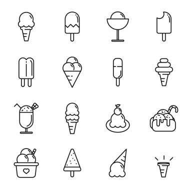 Dondurma Icon set. Yemek ve tatlı bir kavram. İnce çizgi ikon teması. Kontur sembol simgeler anahat. Beyaz arka plan izole. İllüstrasyon vektör.