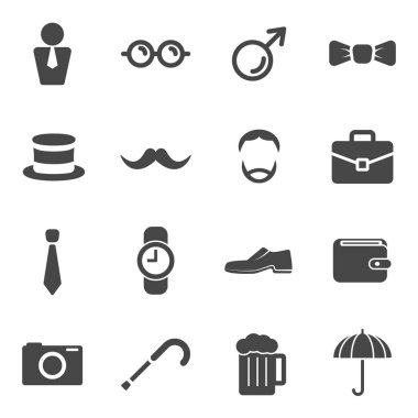 Erkeklerin bıyık sahne öğesi simgeleri. Katılımcılar bir bıyık ve baylar aksesuarları büyümek. Moda şapka maske gözlük ve kutlama. Düz simgeler koleksiyonu kümesi. Siyah beyaz simgeler web dekorasyon için.