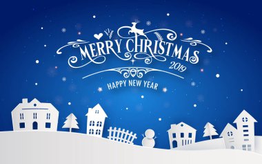 Mutlu Noeller ve mutlu yeni yıl 2019 tipografi yazı tipi mesaj ile karlı ev şehir. Mavi renk kağıt sanat ve dijital el sanatları illüstrasyon vektör duvar kağıdı davetiye kutlamak. Kış tatil