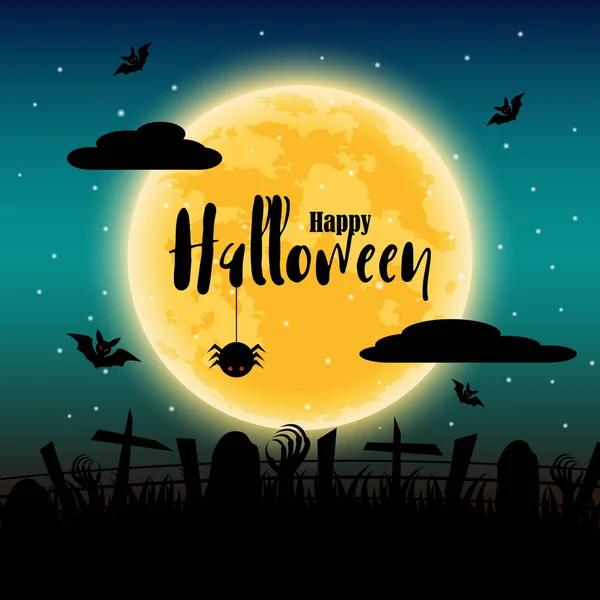Feliz Día Halloween Con Luna Llena Fondo Murciélagos Arañas Cadáveres — Vector de stock