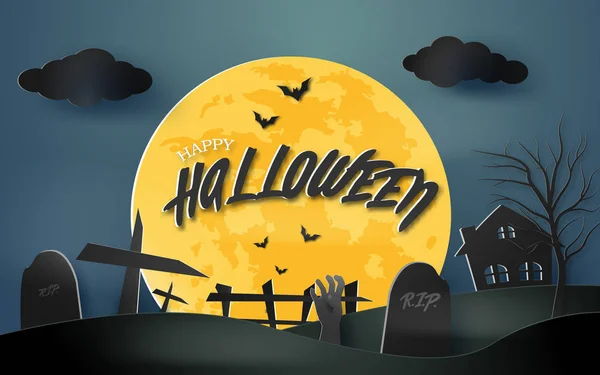 Feliz Halloween Espeluznante Fondo Arte Papel Con Casa Encantada Fondo — Vector de stock