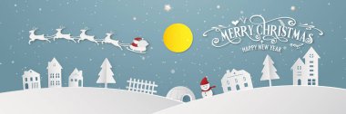 Neşeli Noel karlı kasaba gün gece ve mutlu yeni yıl mavi Xmas Festivali son yıl parti siluet Noel Baba ve geyik dekorasyon tebrik kartı soyut duvar kağıdı arka plan. Grafik tasarım vektör