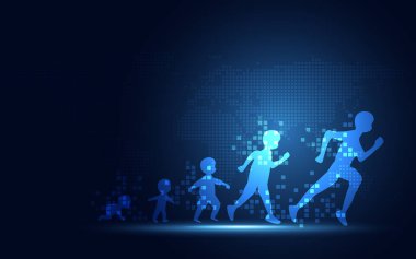 İnsanlar dijital dönüşümün soyut teknolojik altyapı fütüristik evrimi. Yapay zeka ve büyük veri kavramı. İş büyüme bilgisayar ve yatırım.