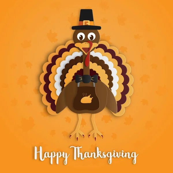 黄色オレンジ色の背景にトルコ紙アートを幸せな感謝祭の日 休日やお祭りのコンセプトです グリーティング カードのテーマ — ストックベクタ