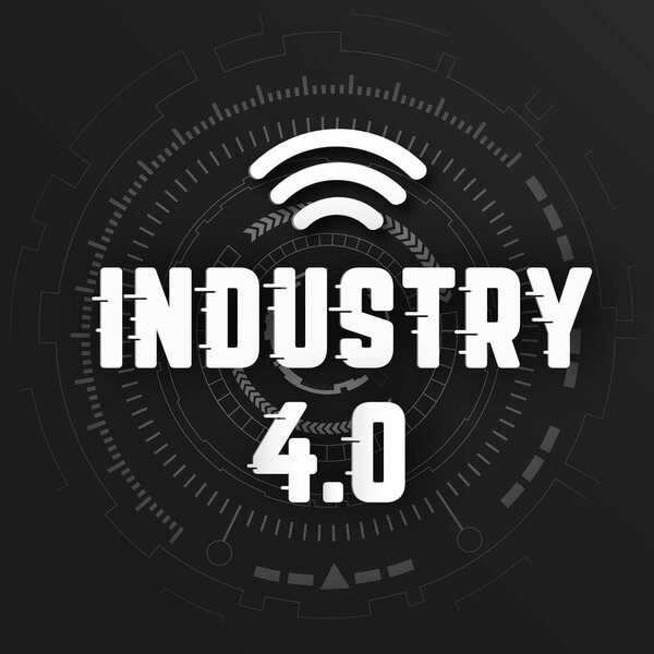 Industry 4.0 with wifi logo on black background with global wireless network line transmission. Цифровая трансформация и концепция технологий. Массовое подключение к высокоскоростному интернету
