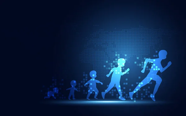 İnsanlar dijital dönüşümün soyut teknolojik altyapı fütüristik evrimi. Yapay zeka ve büyük veri kavramı. İş büyüme bilgisayar ve yatırım.