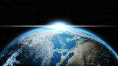 Derin uzay aydınlatma güneş ışığı ile toprağa. Siyah arka plan üzerinde yıldız grubudur. Astronomi ve bilim kavramı. Mavi mermer küresel ve karanlık planet tema. Nasa tarafından döşenmiş bu görüntü unsurları. 