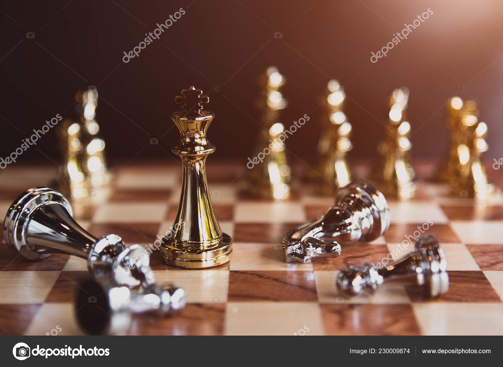 White chess pieces standing on the left of the image, a chessboard in the  background, and black chess pieces standing on the right side. they are  facing each other. highly detailed, this