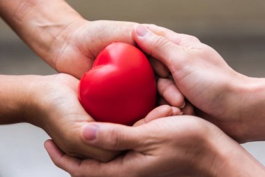 Kırmızı kalp kalp donör olarak veren el kapatın. Sevgililer günü aşk kavramı. Tıbbi solunum ve kalp donator sadaka. Şefkat ve sağlıklı oturum açın. Özgürlük hayat bağış içinde el doktor yardım