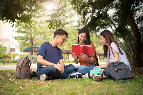 亚洲大学生小组在户外草地上读书和辅导专门班 幸福与教育学习理念 回到学校的概念 青少年和人主题 — 图库照片